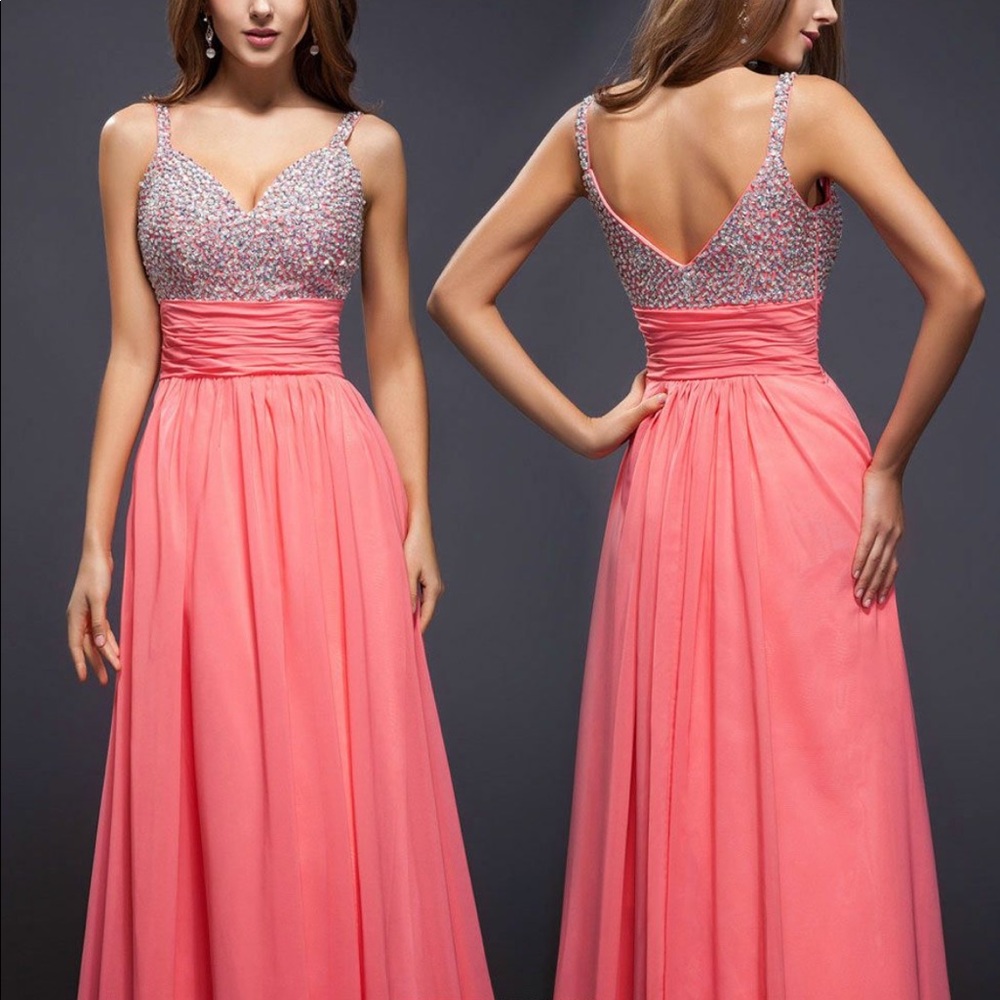 Coral/Salmon Pink with Beading Prom Dress